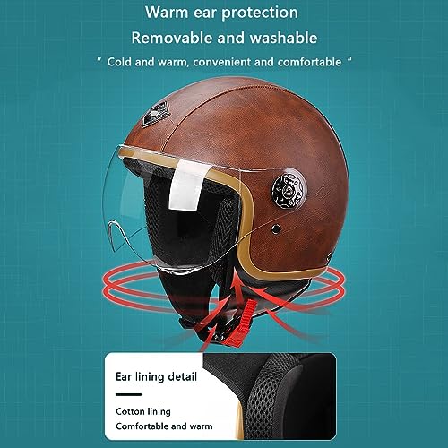 Built-in Bluetooth Motorcycle 3/4 Helmet, Leather Vintage Motorbike Open Face Half Helmet, DOT Approved Scooter Cruiser Jet Moped Electric Half Face Helmet Men Women Vespa Retro Helmet