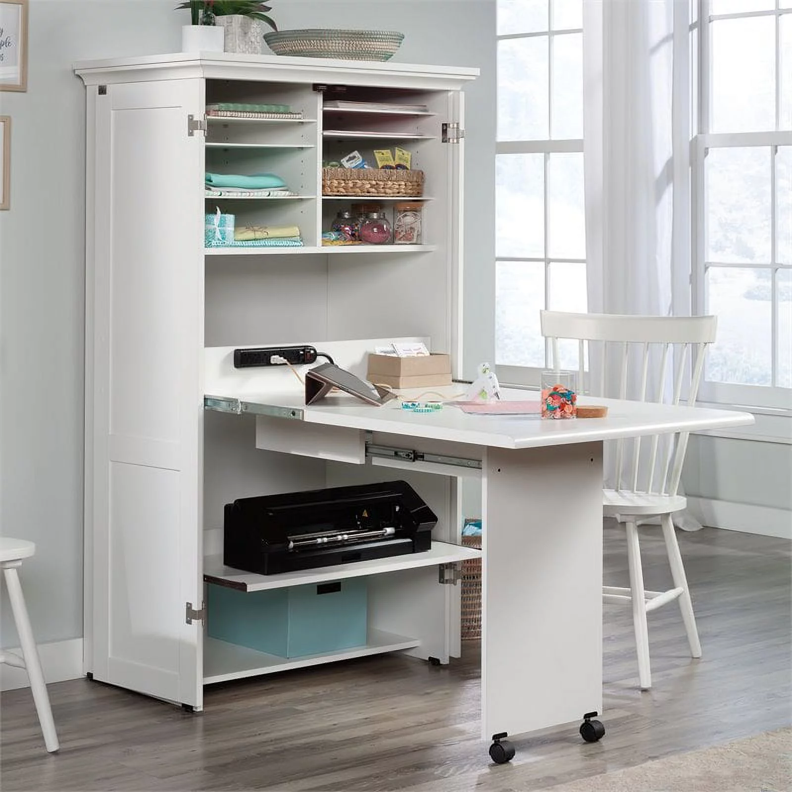 Pemberly Row Modern Engineered Wood Multi-Purpose Storage Craft Armoire in White - Curated Treasures Market