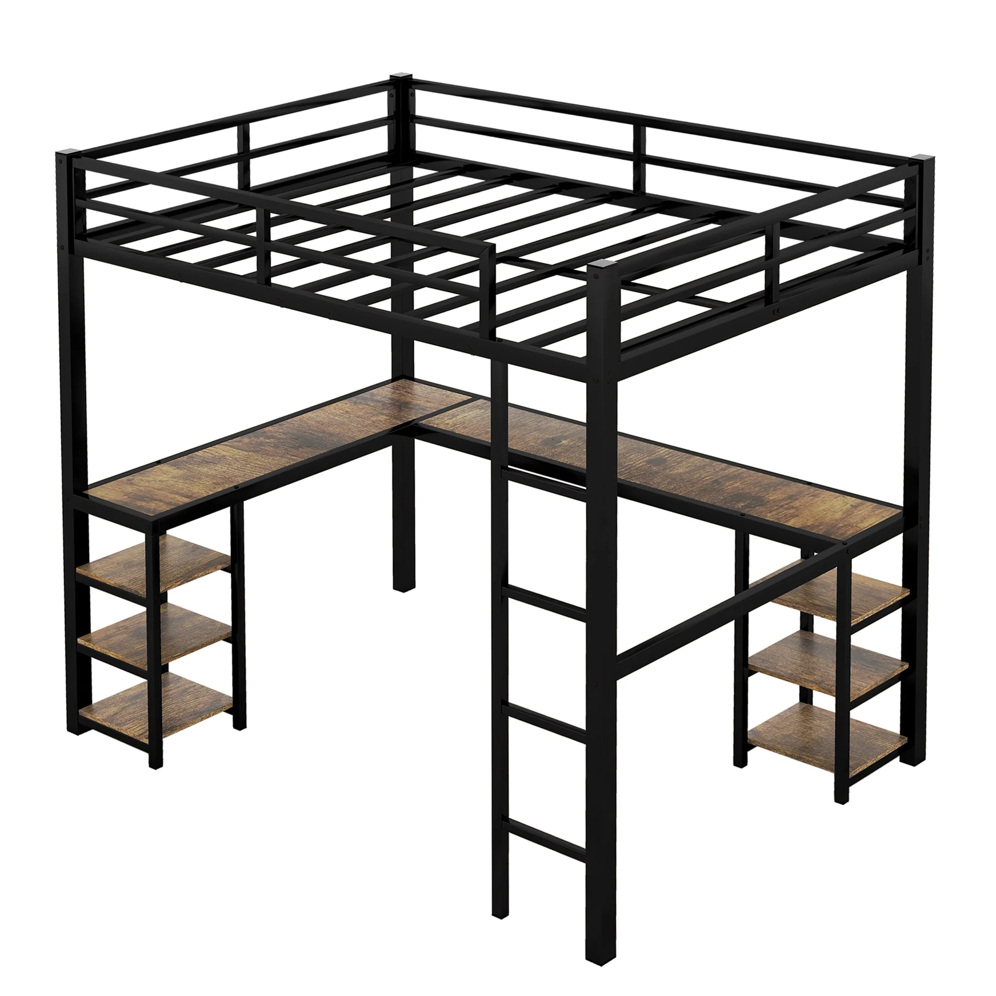 Bellemave Full Size Loft Bed with Desk and Shelves, Metal Heavy-Duty Steel Loft Bed Frame Built-in Ladder for Boy Girls Teens Kids Adults(Black）