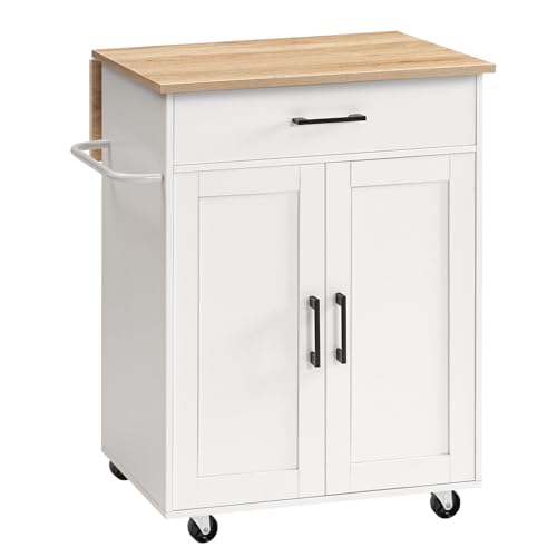 Kitchen Island on Wheels with Drop Leaf, Folding Countertop Kitchen Island Cart, Kitchen Island Table with Towel Rack, Drawer, for Kitchen, Dining Room, White and Natural KINW12501