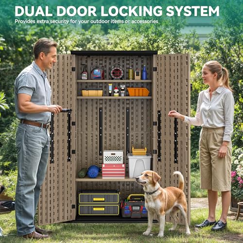YITAHOME Outdoor Storage Cabinet with 2 Shelves, Waterproof Resin Horizontal Tool Shed, Lockable 15 cu. ft. Storage Shed for Patio, Garden, Yard, Dark Gray