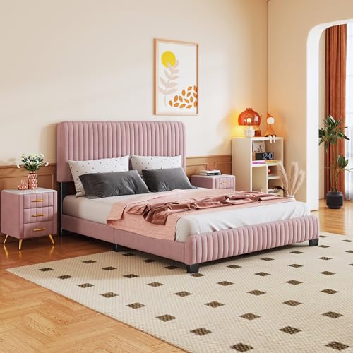 SOFTSEA 3-Piece Queen Bedroom Set, 3 Pieces Furniture Bedroom Sets Include Queen Size Upholstered Platform Bed and 2 Nightstands, Velvet Nightstands with Marbling Worktop and Metal Legs&Handles, Pink