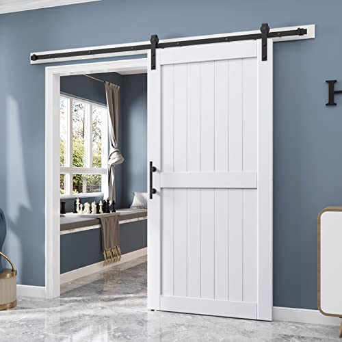 EaseLife 54 x 84 inch White Barn Door with 9FT Sliding Door Hardware Kit Included & Handle,Solid Wood Covered with Waterproof PVC Surface,DIY Assemblely,Easy Install,H-Frame,Fit 50-52in Wide Opening
