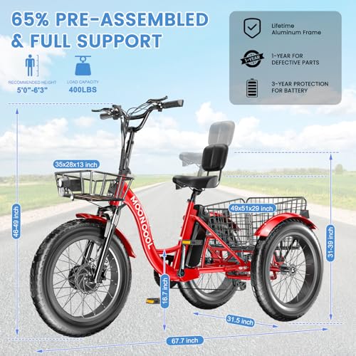 MOONCOOL Electric Tricycle Trike for Adults 350W 36V Removable Battery 24/26 Inches 7 Speeds 3 Wheels Electric Bikes Bicycle for Adults, Three Wheel Electric Cruiser Tricycle