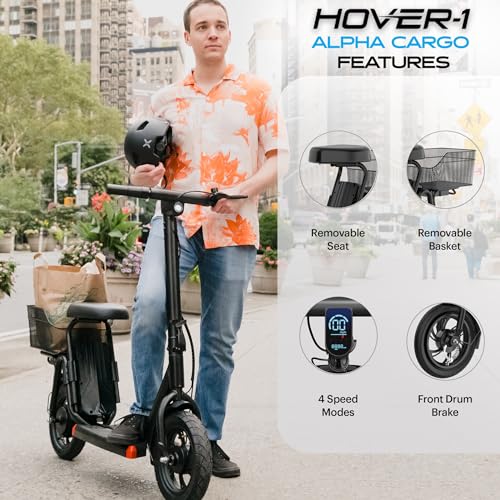 Hover-1 Alpha Cargo Foldable Electric Scooter with 300W Brushless Motor, 16 mph Max Speed, 12” Tires, and 15 Mile Range Commuter Scooter for Adults & Teens