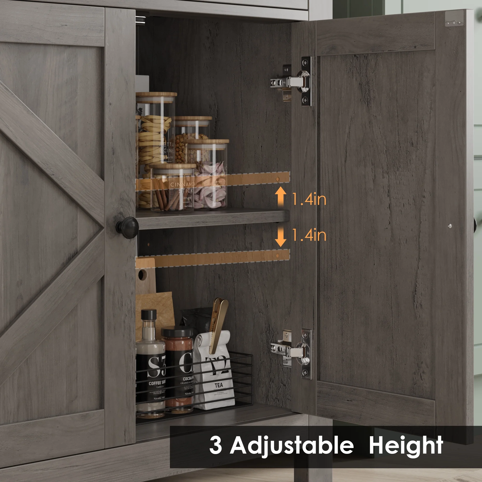 Homfa Farmhouse Kitchen Sideboard, 4-Doors 2-Drawers Wood Buffet Cabinet with Adjustable Shelves, Gray