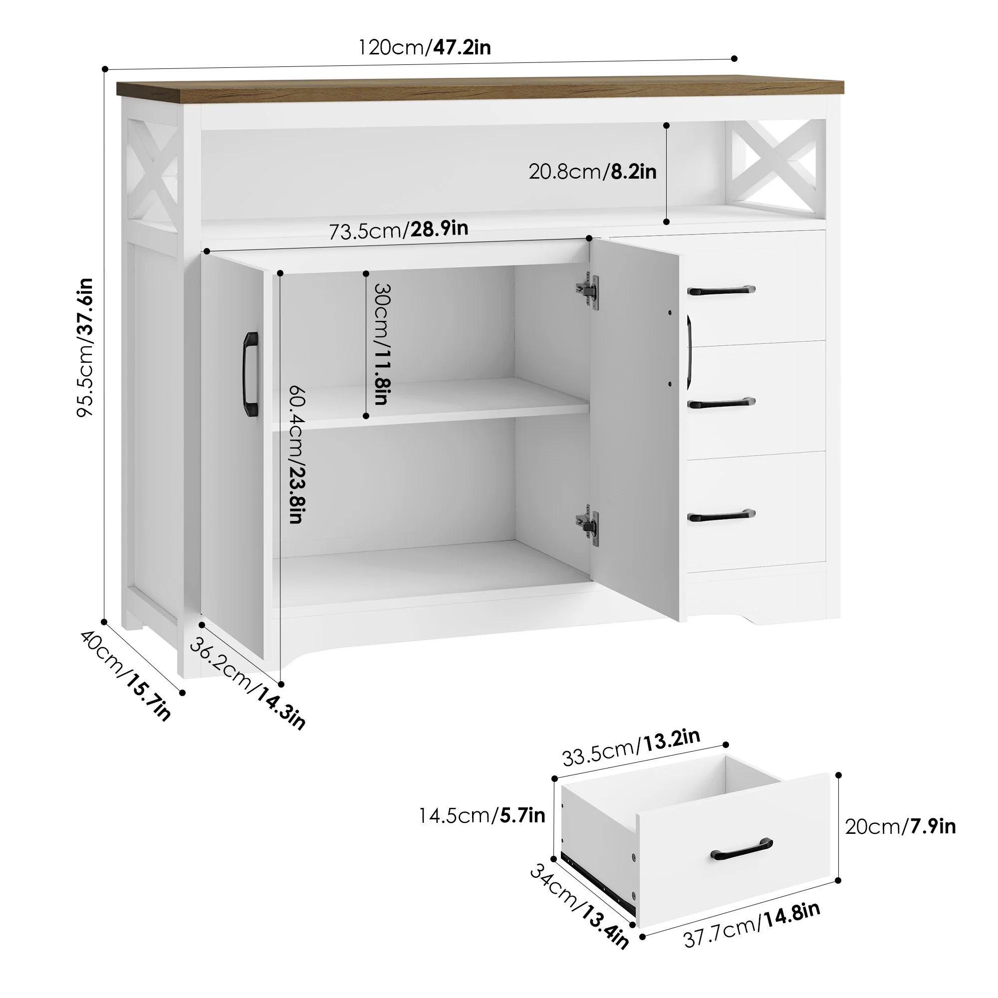 Homfa 47.2"W Kitchen Sideboard with Hutch, 3 Drawer Buffet Cabinet with 2 Doors for Dining Room, White - Curated Treasures Market