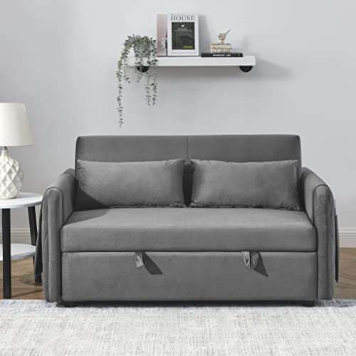 55" Modern Convertible Sofa Bed with Pull Out Bed - Velvet Loveseat Sofa Sleeper Sofa Couch Futon Sofa Bed Couch Chaise Lounge with 2 Detachable Arm Pockets, 2 Pillows for Living Room (Black)