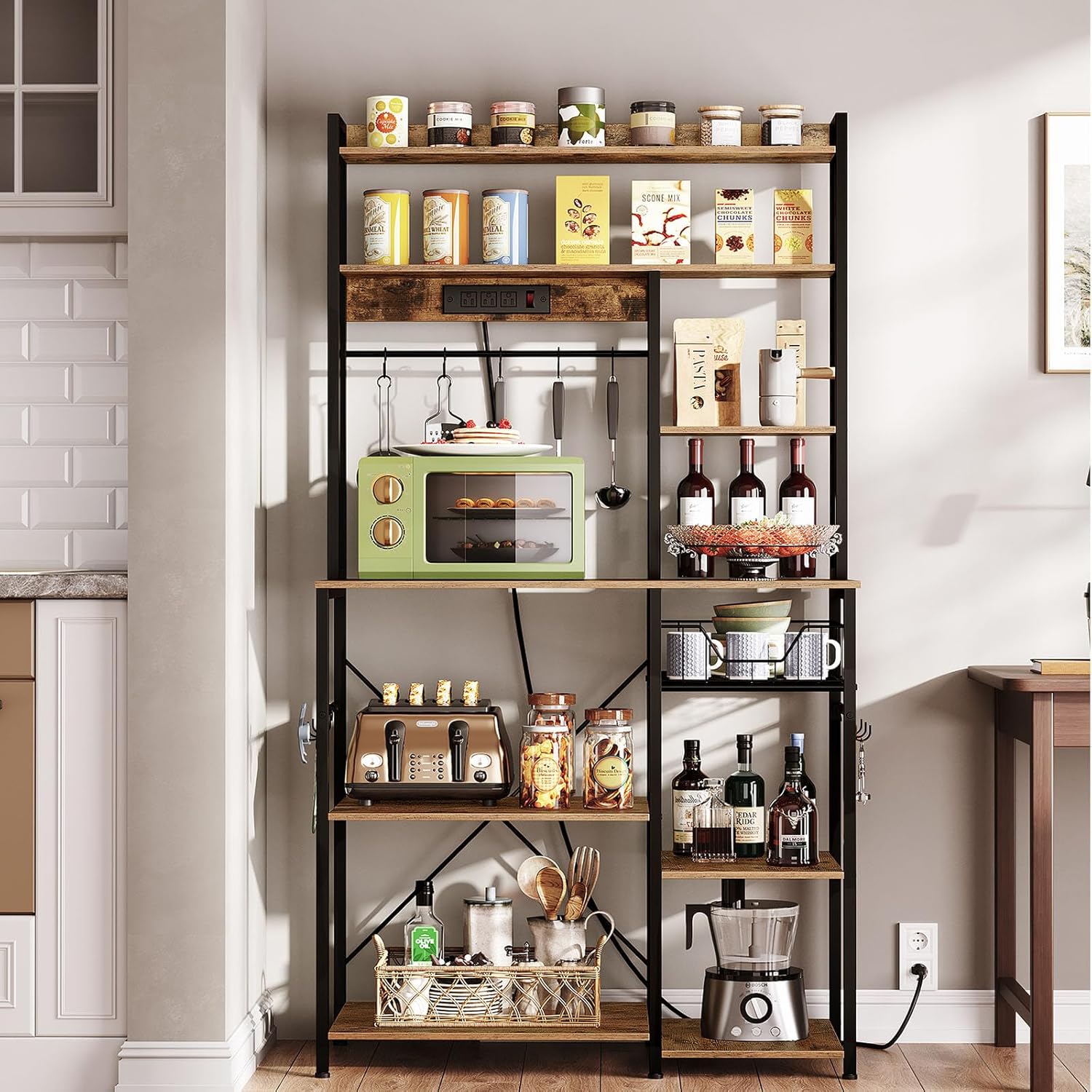 Kitchen Bakers Rack with Power Outlet, Microwave Stand with Multiple Shelves, Floor Standing Bakers Rack, Coffee Bar with Mesh Basket, for Kitchen, Dining Room, Rustic Brown and Black THB01UBF