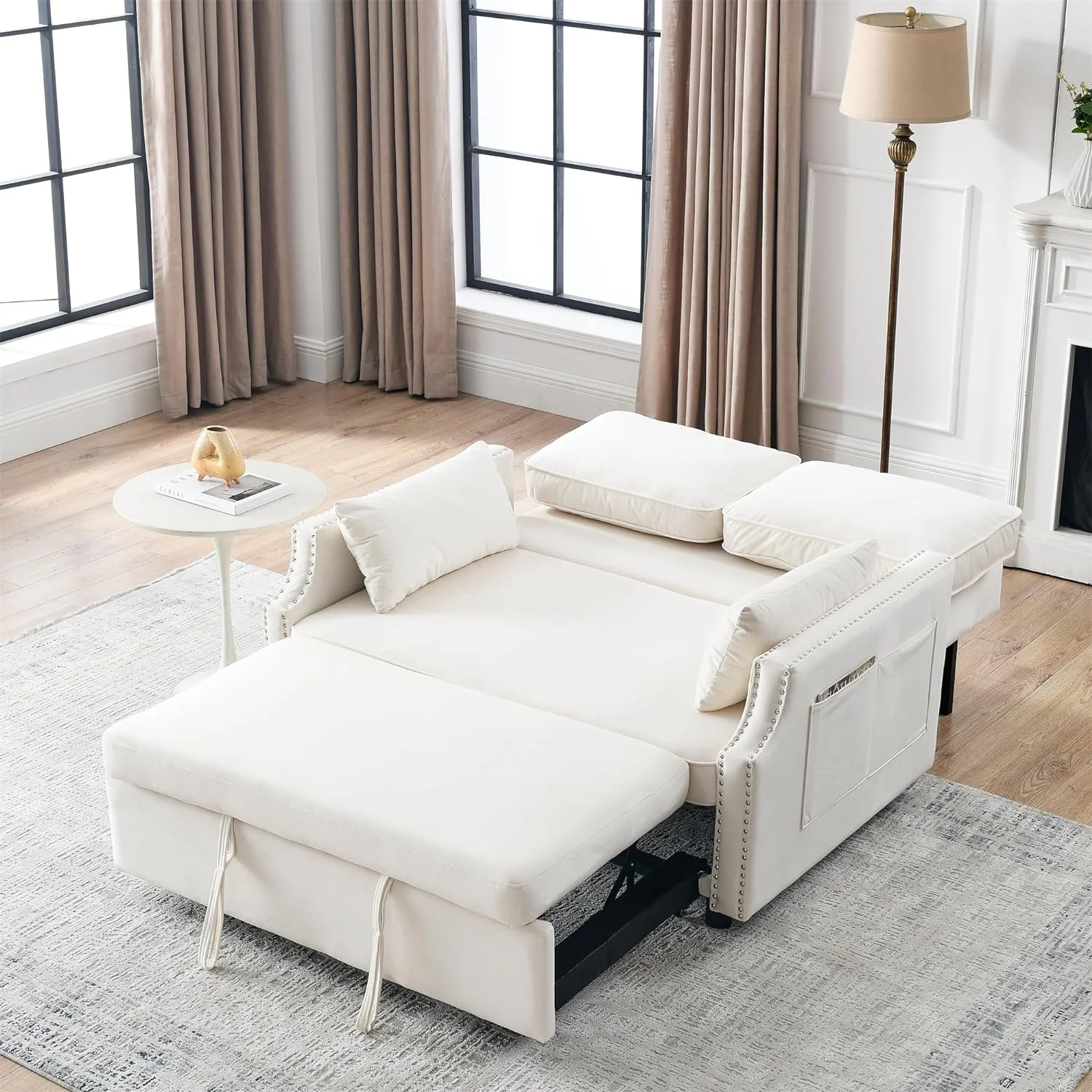Convertible Sleeper Sofa With Pull Out Bed, 3-In-1 Velvet Small Loveseat With Nailhead Design & Side Storage Pockets, 2 Seat Loveseat Sleeper Sofa Bed For Small Space, Living Room