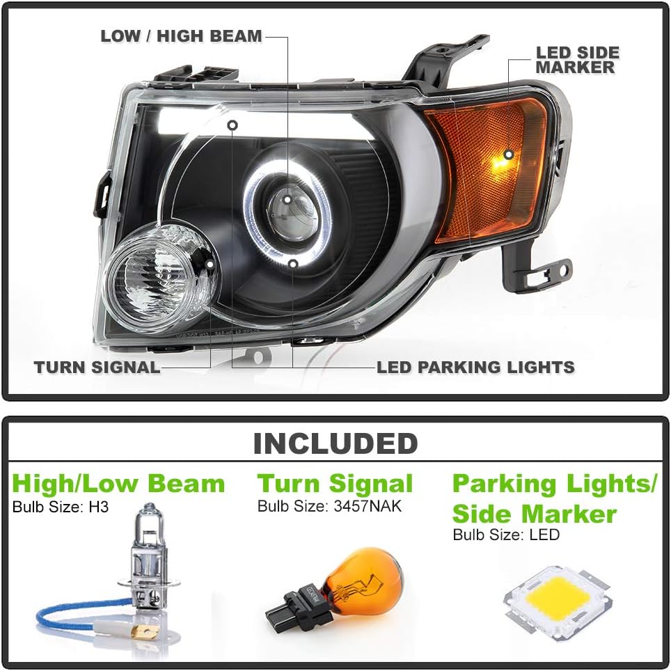 ACANII - For 2008-2012 Ford Escape SUV Black Housing LED Tube Halo Projector Headlights Headlamps Driver & Passenger