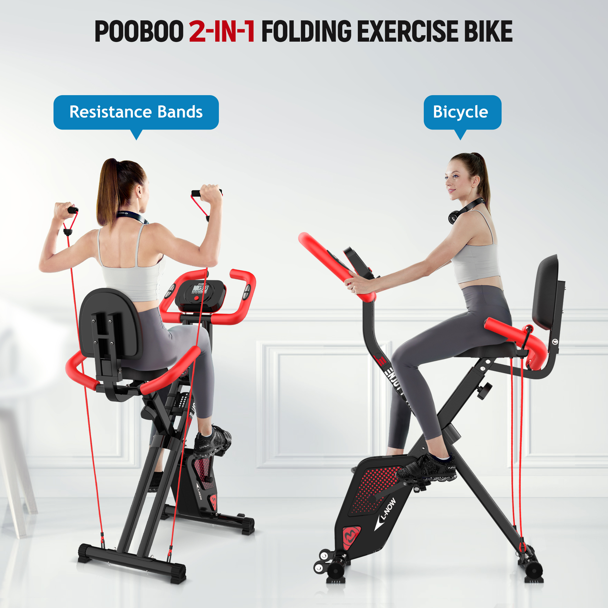 pooboo 3in1 Foldable Exercise Bike Indoor Cycling Bike Magnetic Stationary Bike Fitness Gym Workout 300lb
