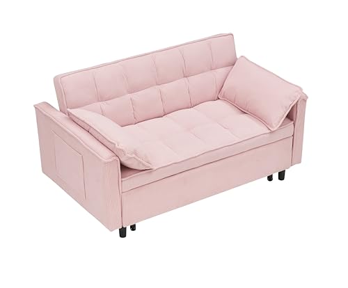 Pull-Out Corduroy Sofa Bed, 3-in-1 Convertible Sleeper Chair Couch Bed, Love seat Chaise Lounge with Side Pockets for Living Room, Bedroom, Office (Beige)