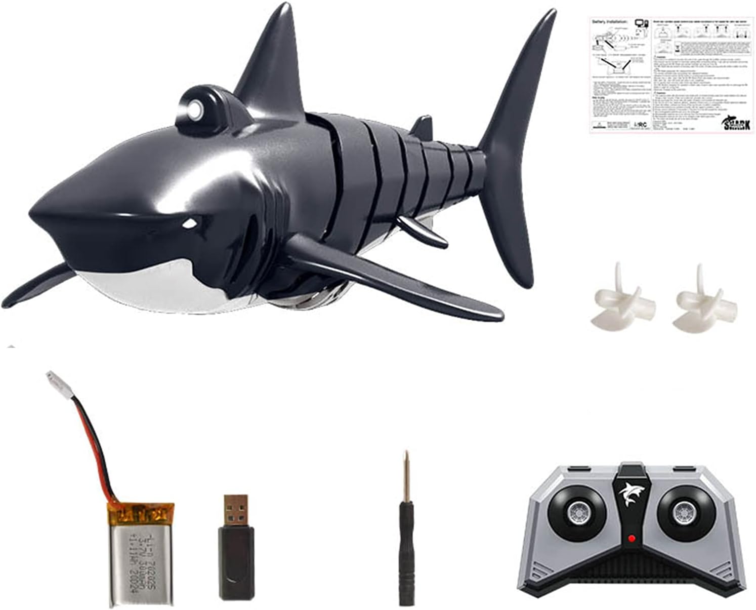 Remote Control Black Shark Head Shark with LED Light , Remote Control Shark Toy 1:18 High Shark Toy for Swimming Pool Bathroom It can Move only in Water Pack of 2