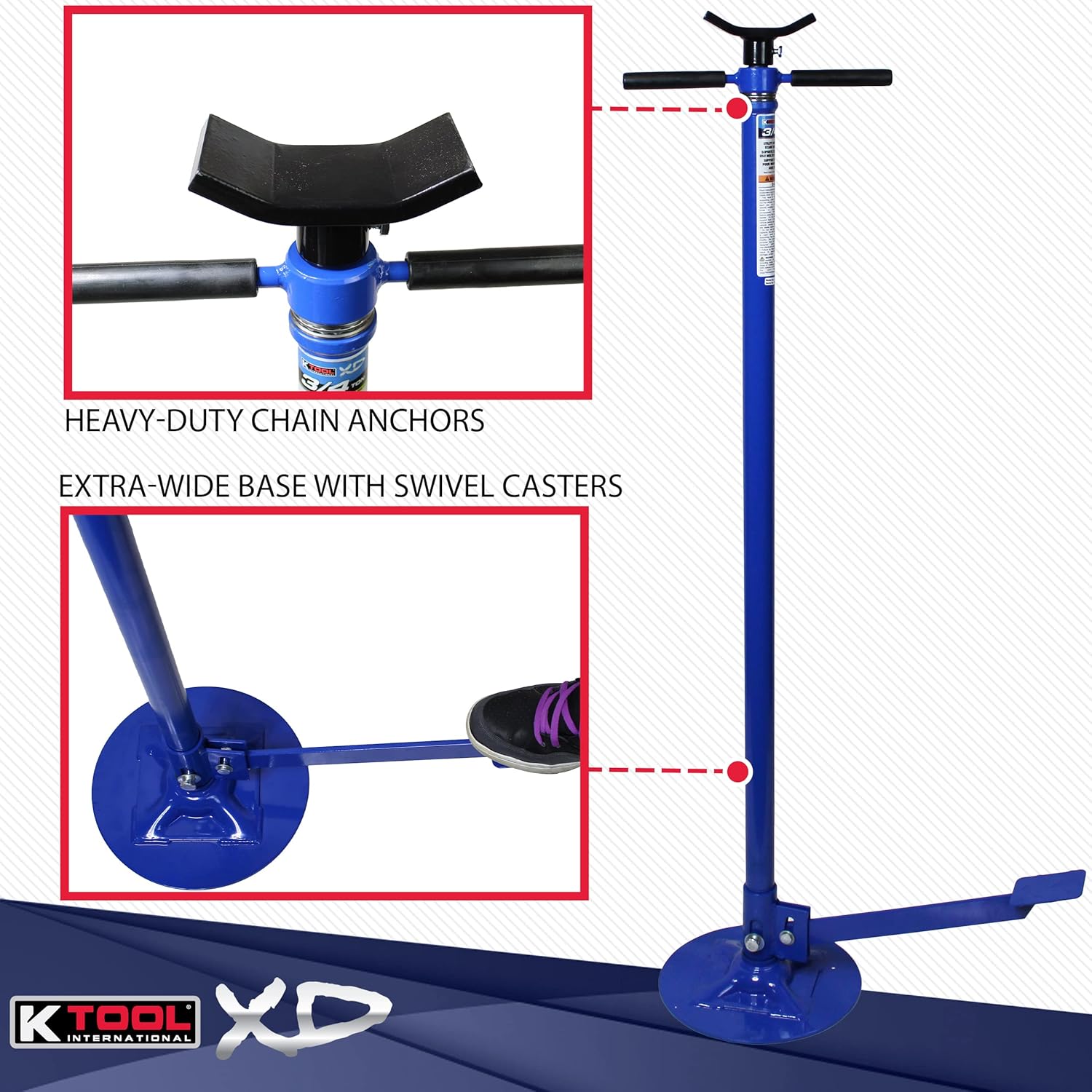 K Tool International XD Underhoist Pole Jack Support Stand with Foot Pedal 3/4 Ton, Range 53 1/2" to 80" Auto Lifts Transmission and Drive Train Spin Handle KTIXD61077