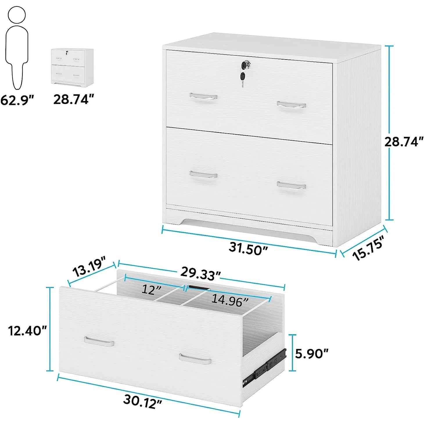 2-Drawer Lateral File Cabinet with Lock, Large Wood Filing Cabinet White