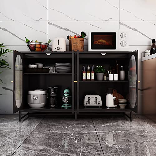Accent Storage Cabinet, Modern Sideboard Buffet Cabinet with Glass Doors and Adjustable Shelves, Freestanding Cabinet for Living Room, Kitchen, Entryway, Dining Room (Natural)