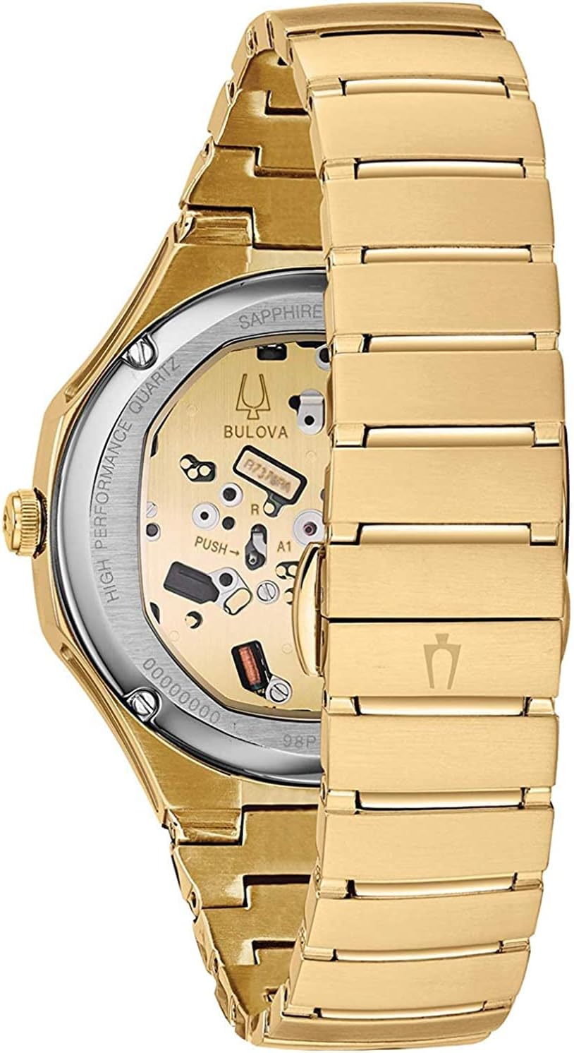 Bulova Men's CURV High Performance Quartz Stainless Steel Watch, 5-Hand Chronograph, Sapphire Crystal, Luminous Hands, Gold-Tone/Black Dial