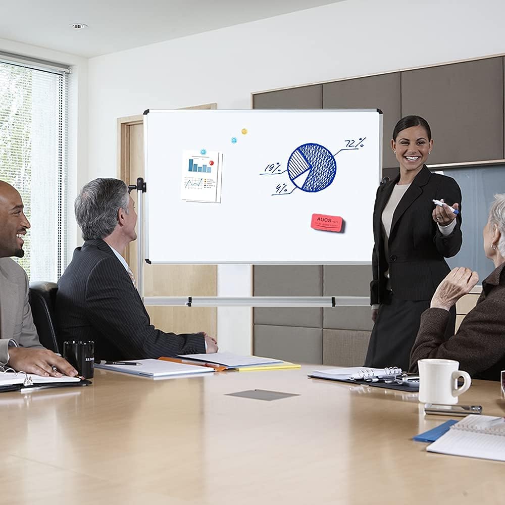 VIZ-PRO Double-Sided Magnetic Mobile Whiteboard 72 x 40 Inches, Aluminium Frame and Stand, with 12 Colors Dry Erase Markers