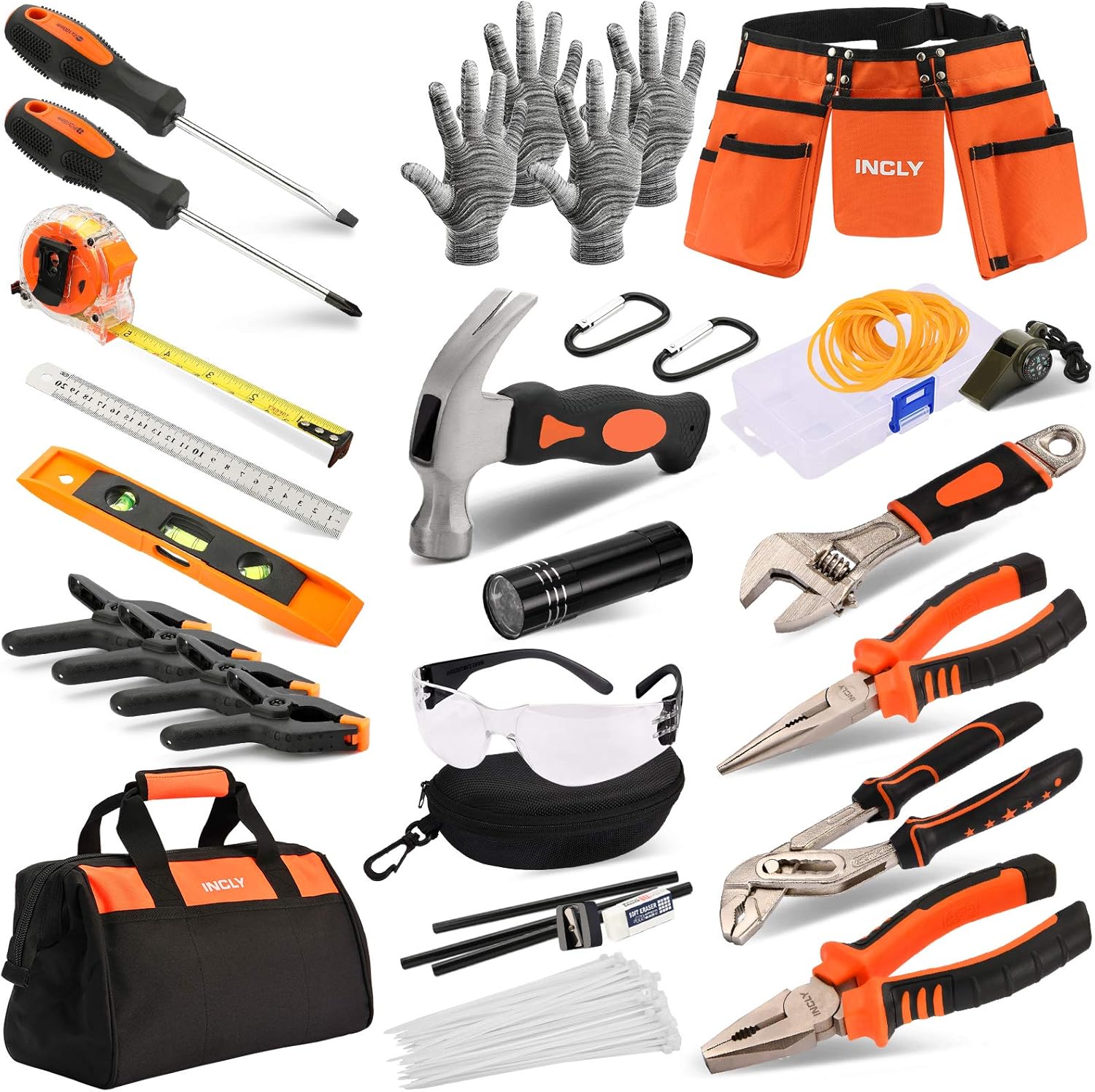 INCLY 95 PCS Kid Real Tool Set, Boy Builder Small Real Hand Tools Kit Construction Learning Accessories Hammer Screwdriver for Home DIY Woodworking Play,Come with Tool Belt & Bag