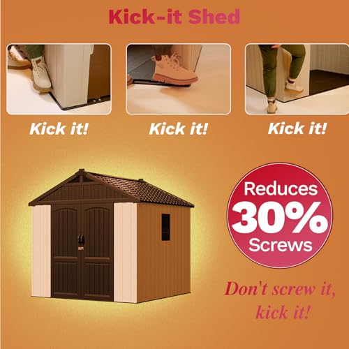 Patiowell 8 x 12 FT Plastic Outdoor Storage Shed with Floor, Resin Shed with Window and Lockable Door for Garden, Backyard, Tool Storage Use, Easy to Install in Beige (Kick-it Shed)