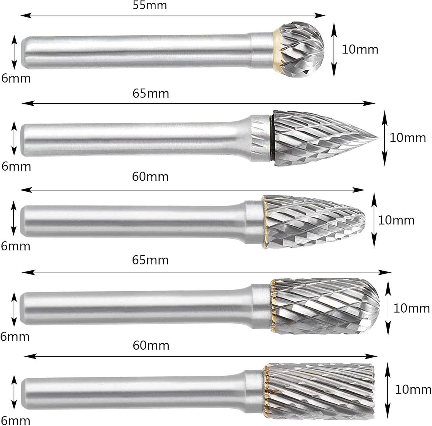 5PCS Double Cut Carbide Burr Set - 1/4 Inch Shank 10MM Head Die Grinder Bits Solid Carbide Rotary Burr File Set for Die Grinder Drill, Metal Carving,Polishing,Engraving,Drilling (Double Cut) Pack of 2