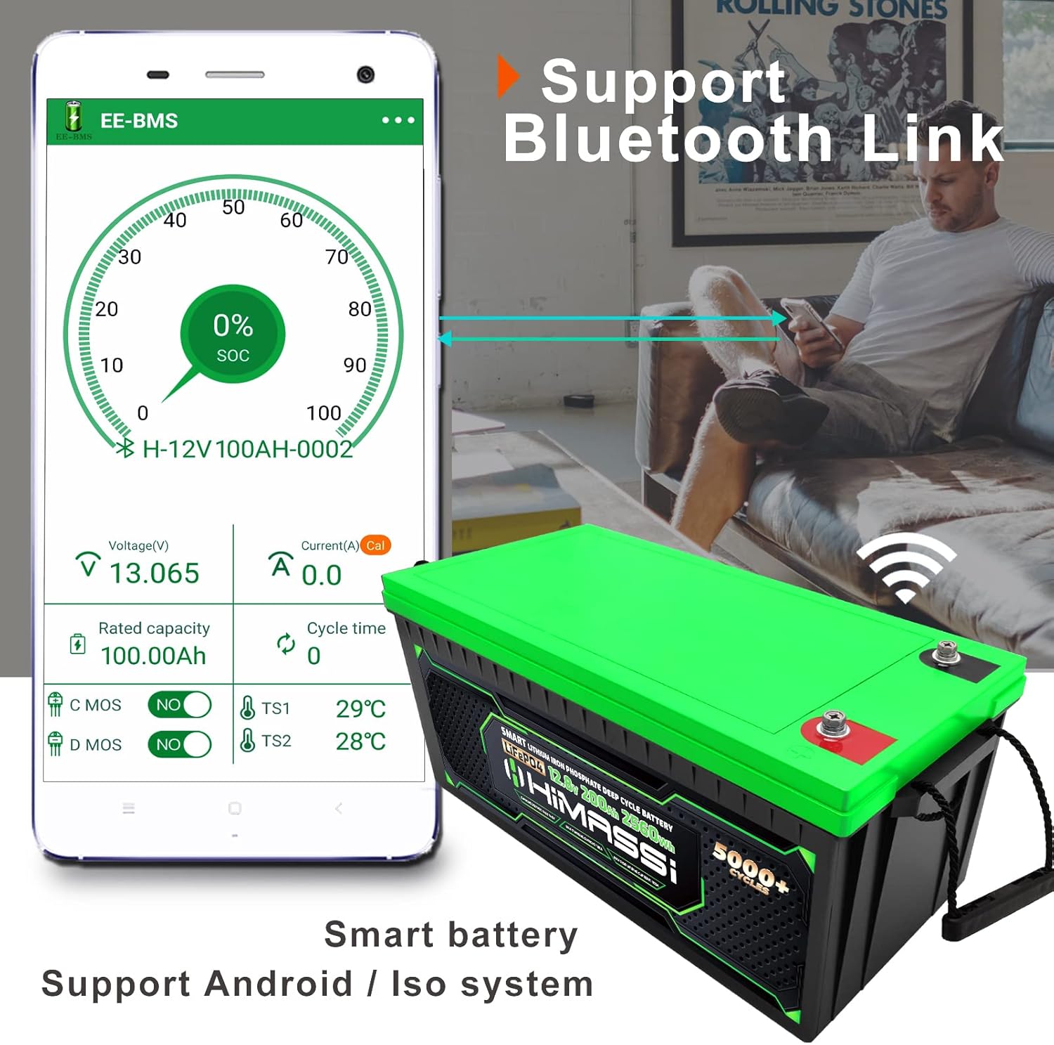 LiFePO4 Battery, 12V 400Ah Lithium Battery, Built-in 250A BMS, Lithium Ion Battery for Trolling Motor, Solar, Marine, RV Car, Camper, Home Storage, Off-Grid System