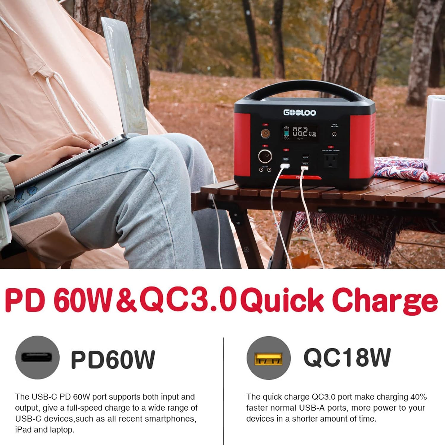 GOOLOO Portable Power Station P600, 626Wh Outdoor Generator with 110V/600W AC Outlets & LED Flashlight,PD 60W Input/Output, QC 3.0 Port, SuperSafe Backup Lithium Battery for Outdoor RV/Van Camping, Emergency