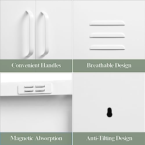 GREATMEET Metal Storage Cabinet Freestanding, Metal Locker Storage Cabinets with 2 Doors, Tall Accent Cabinet with 2 Adjustable Shelves, Metal Cabinet for Kitchen, Office, Livingroom, White