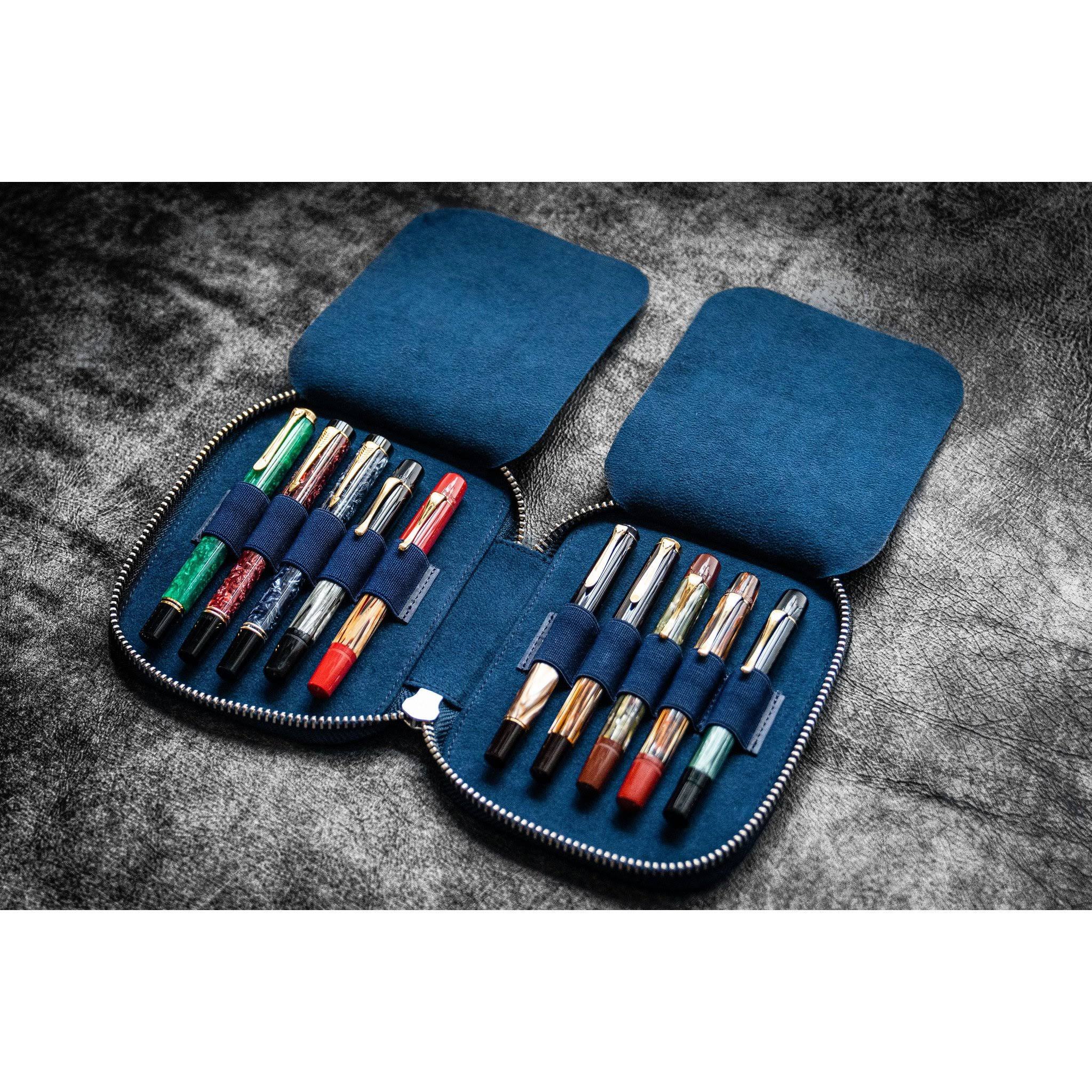 Galen Leather 10 Pen Zipper Case - Crazy Horse Navy Blue