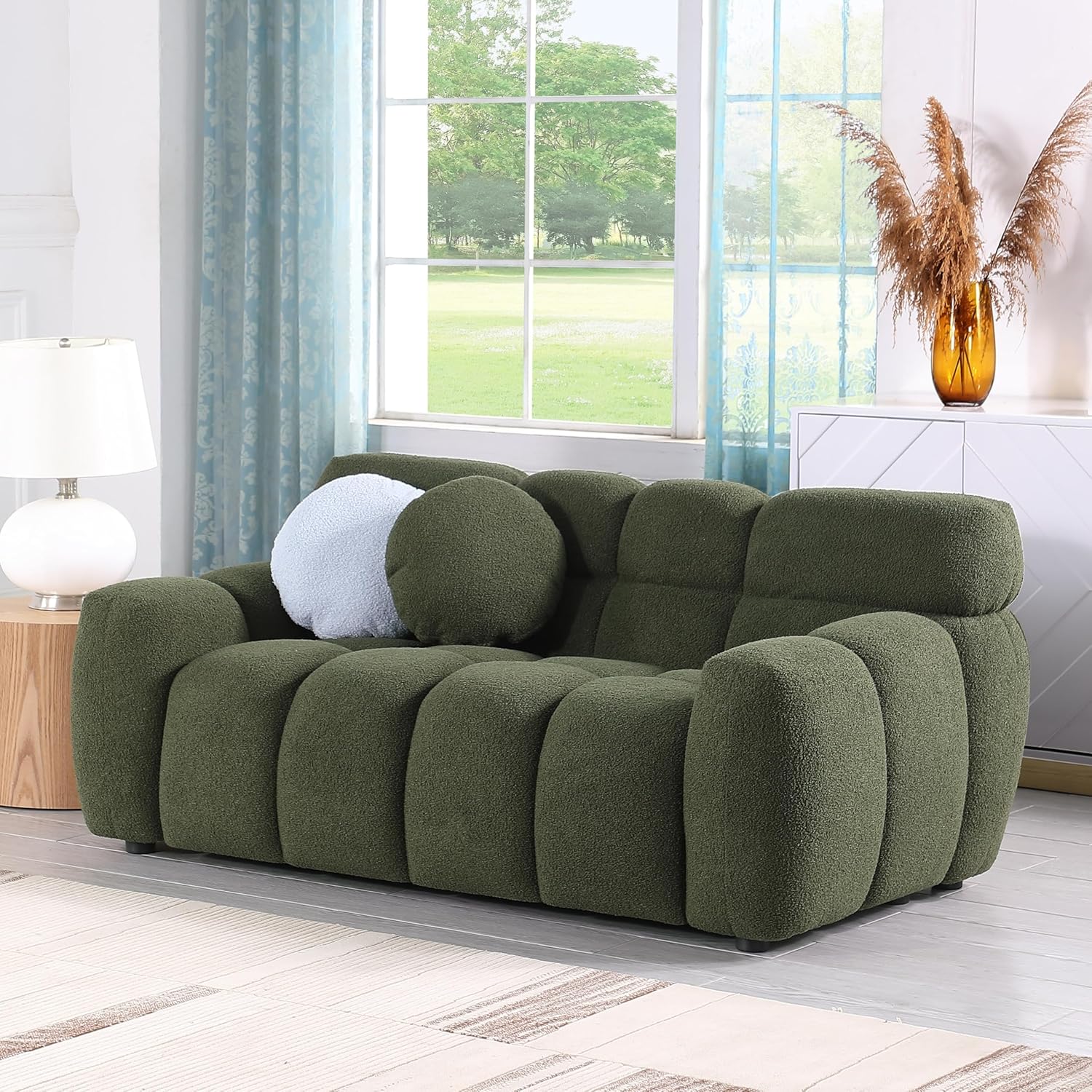 Modern Loveseat Sofa Olive Green Marshmallow Recliner Couch Living Room Lounge Settee with Pillows Abstract Lake House Contemporary Solid Felt Wood