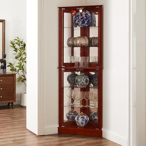Henf 72" Tall Corner Cabinet with LED Light, Lighted Glass Display Curio Cabinet with Glass Doors, Adjustable Shelves and Mirrored Back Panel,Curved Wood Corner 6-Tier Storage Cabinet for Living Room