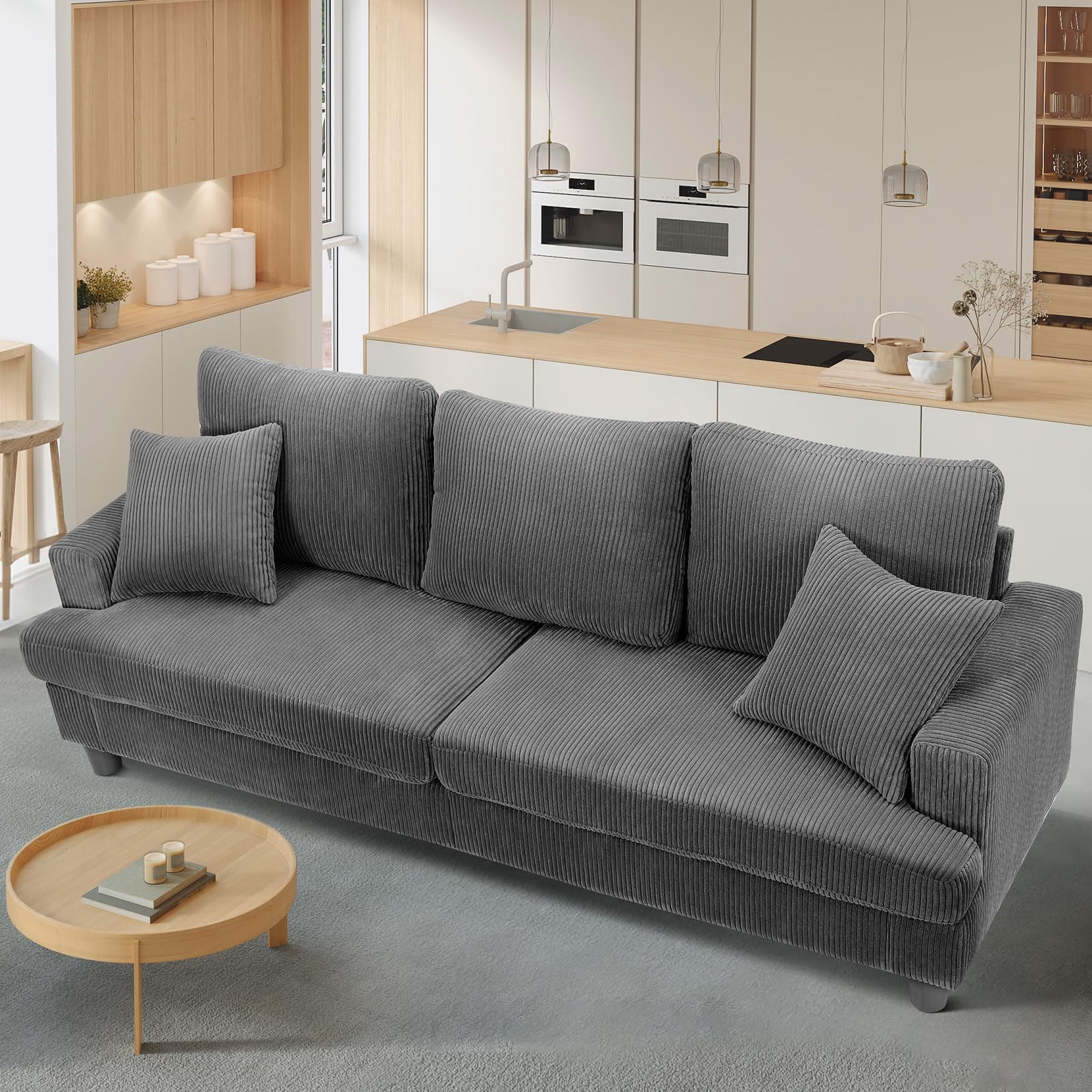 87" Corduroy Sofa,3 Seater Sofa Extra Deep Seats,Comfy Upholstered Couch for living Room,2 Pillows,Gray