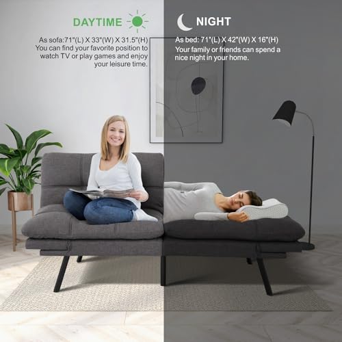 MUUEGM Futon Sofa Bed,couch bed,Memory Foam Futon Sofa,Convertible Sofa Bed for Compact Living Spaces,Apartment,Office,Sleeper Sofa,71"*33"*31.5",Grey Fabric