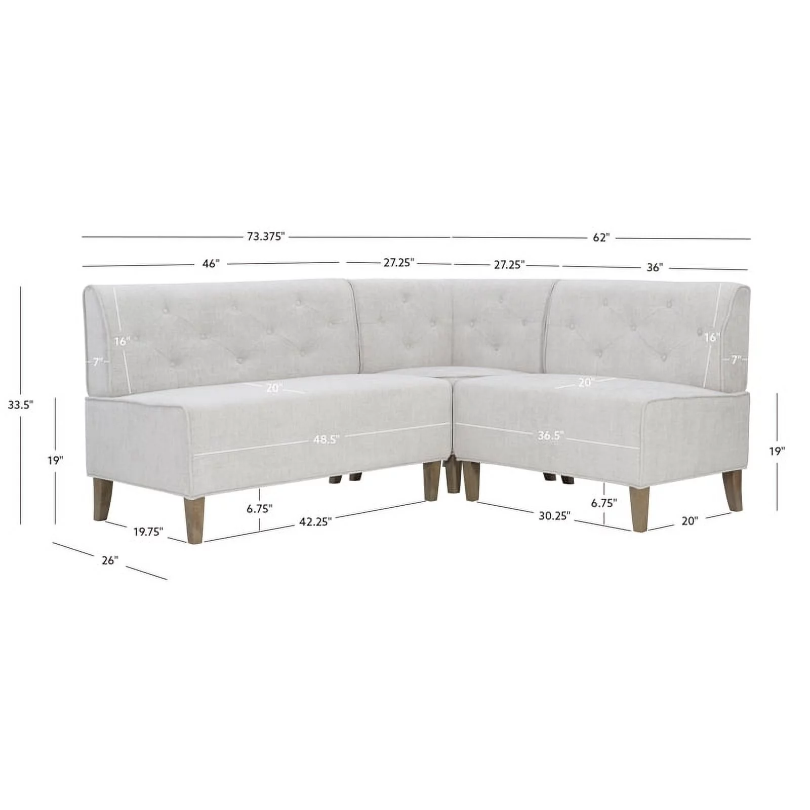 Pemberly Row Wood Upholstered Corner Nook Bench in Light Grey