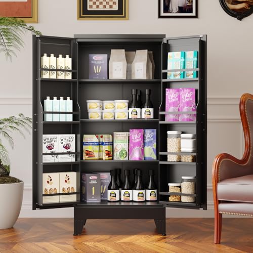 75.2" Tall Metal Pantry Cabinet, Storage Cabinets with 4 Door and 4 Adjustable Shelves, Black Kitchen Pantry Storage Cabinet, Freestanding Cupboard for Kitchen Dining Room Living Room Bathroom