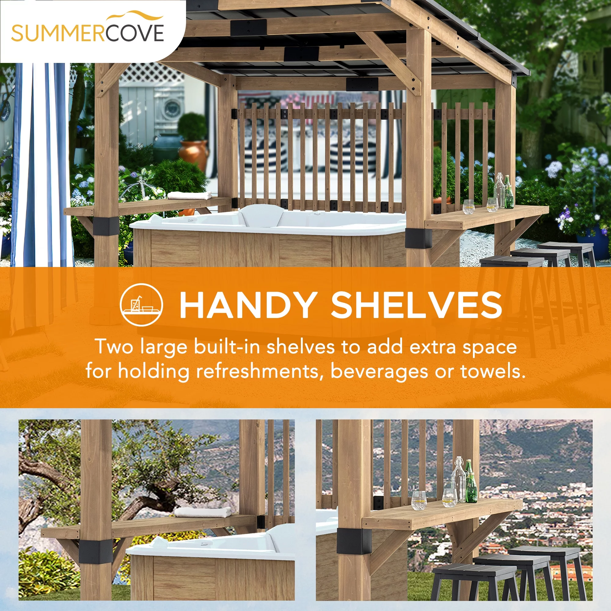Sunjoy Wooden Grill Gazebo 10 ft. x 11 ft. Outdoor Cedar Frame BBQ Gazebo, Backyard Hot Tub Gazebo with Aluminum Hardtop Roof, Privacy Screen and Solid Bar Shelves