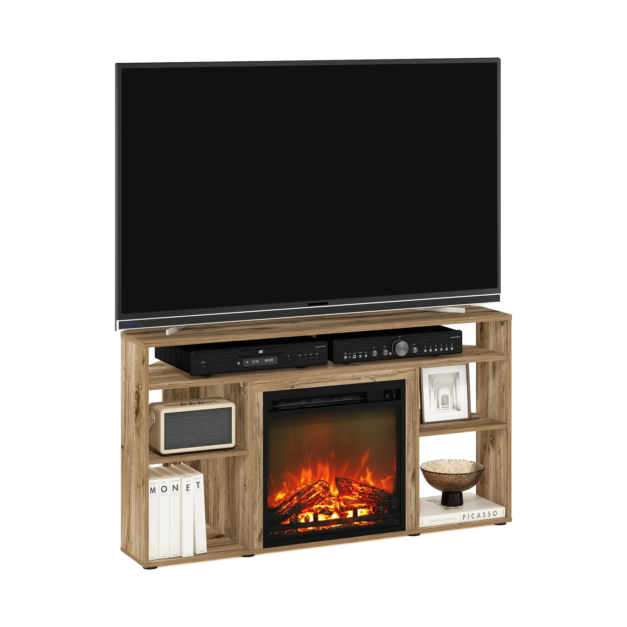 Furinno Jensen Corner TV Stand with Fireplace for TV up to 55 Inches, Flagstaff Oak