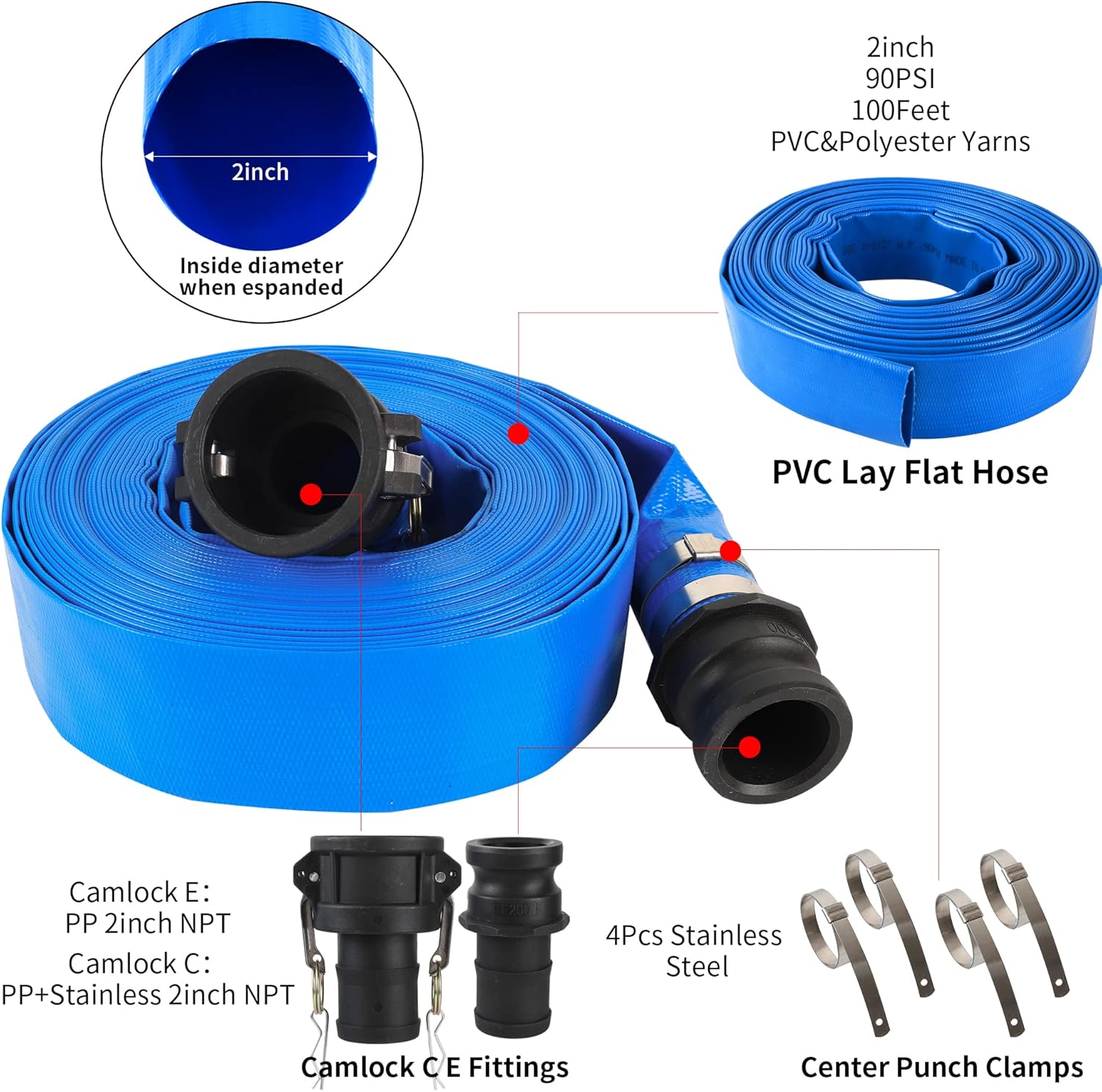 2" x 50' Blue PVC Lay-Flat Discharge Hose with Aluminum Camlock C and E Fittings
