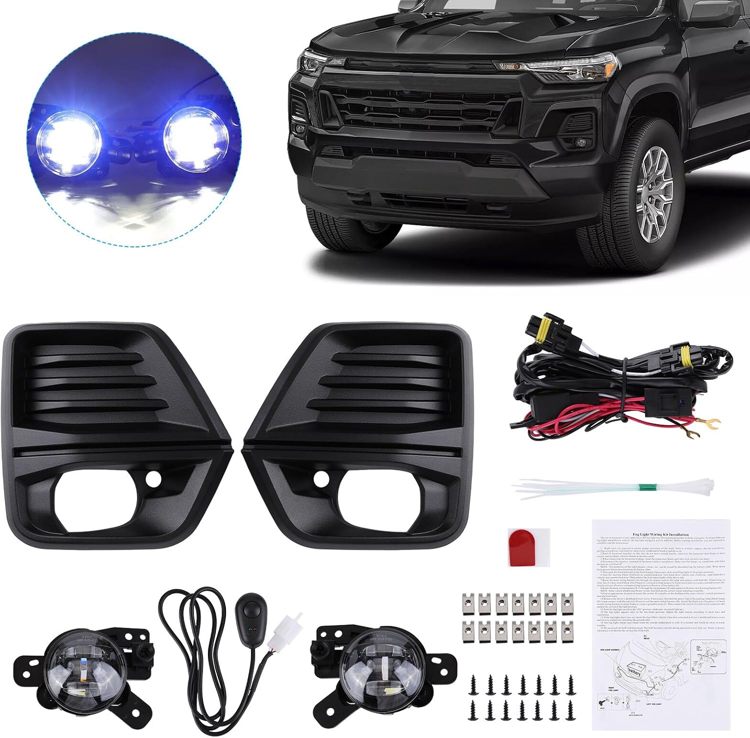Fog Lights Kit Compatible for 2023 2024 Chevy Colorado Front Bumper LED Fog Light with Fog Light Cover and Wire Harness, Fog Lamps Assembly Driver & Passenger Side