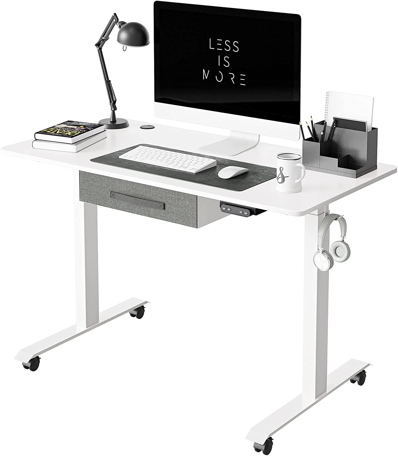 BANTI Adjustable Height Standing Desk with Drawers, 55x24 Inches Electric Stand Up Desk, Sit Stand Home Office Desk with White Frame/White Top