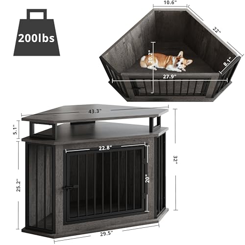 IRONCK 51" Corner Wooden Dog Crate Furniture with 2-Tier Shelves, Pet Kennel for Large Dogs, Space-Saving Dog Cage Indoor, Rustic Brown (26.7" L x 51.2" W x 33.5" H)