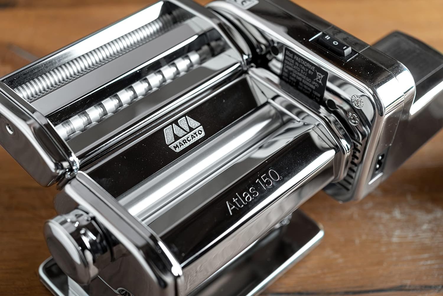 Made In Italy Atlasmotor 110V Electric Pasta Machine, Chrome Steel. Set Includes Atlas 150, Handcrank, Clamp, Pastadrive Motor, And Instruction Manual