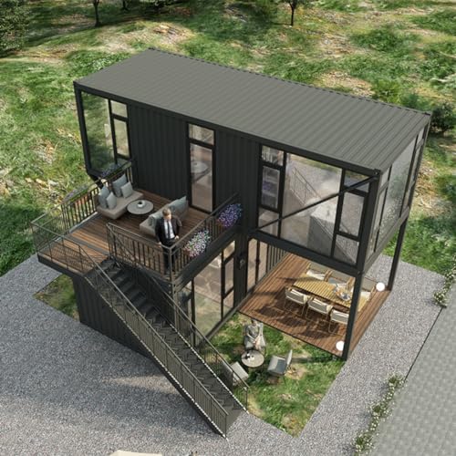 Luxury Two-Story Prefab Villa - Modular Shipping Container House with Living Room, Bathroom, Kitchen for Homes, Hotels, Offices (20Feet), Black & Brown, MZ-DOBLE1X1
