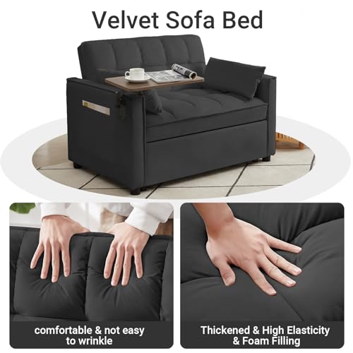 3 in 1 Convertible Sleeper Sofa Bed Pull Out Couch Futon Loveseat Velvet Chaise Lounge with 2 Pockets and 2 Pillows for Living Room, Black