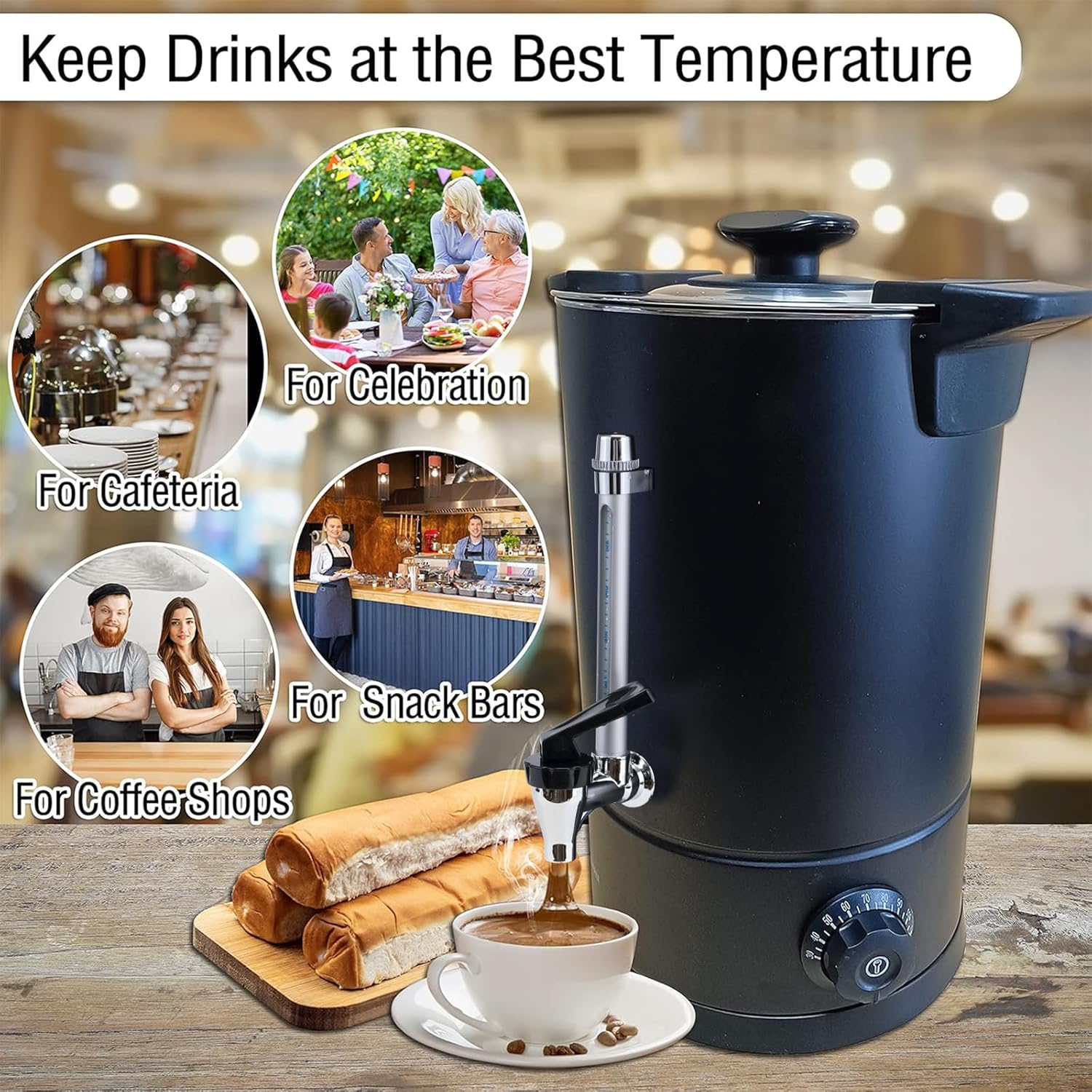 Commercial Coffee Urn 304 Grade Stainless Steel Percolate Coffee Pot Coffee Maker Hot Water Urn 1600W Hot Drink Dispenser for Catering, 50-Cup 8 L (Black)
