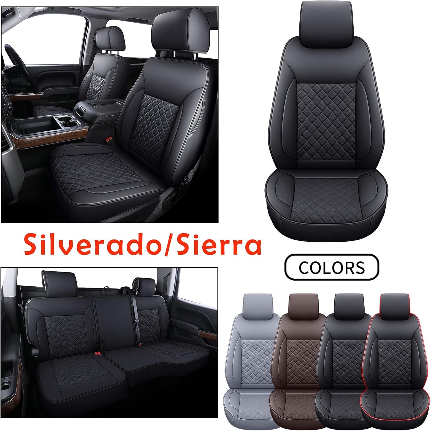 LUCKYMAN CLUB Chevy Silverado/Sierra P01-S1 Seat Covers Full Set, Fit 2014-2018 1500/2500 HD/3500 HD Crew Cab with Water Proof Faux Leather (Full Set, Brown)