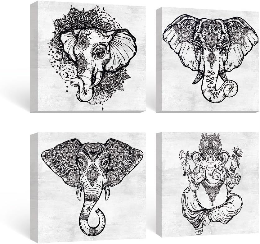 SUMGAR Black and White Wall Art Bedroom Boho Decor Elephant Pictures Bathroom Grey Mandala Canvas Paintings Gray Animal Framed Artwork Set Indian Prints Bohemian Home Decorations 4 Panel,12x12 inches