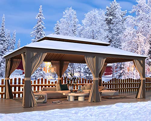 MELLCOM 12'x16' Hardtop Gazebo, Galvanized Steel Metal Double Roof Canopy with Curtains and Netting, Brown Permanent Pavilion Gazebos with Aluminum Frame for Garden, Patio, Lawns, Deck