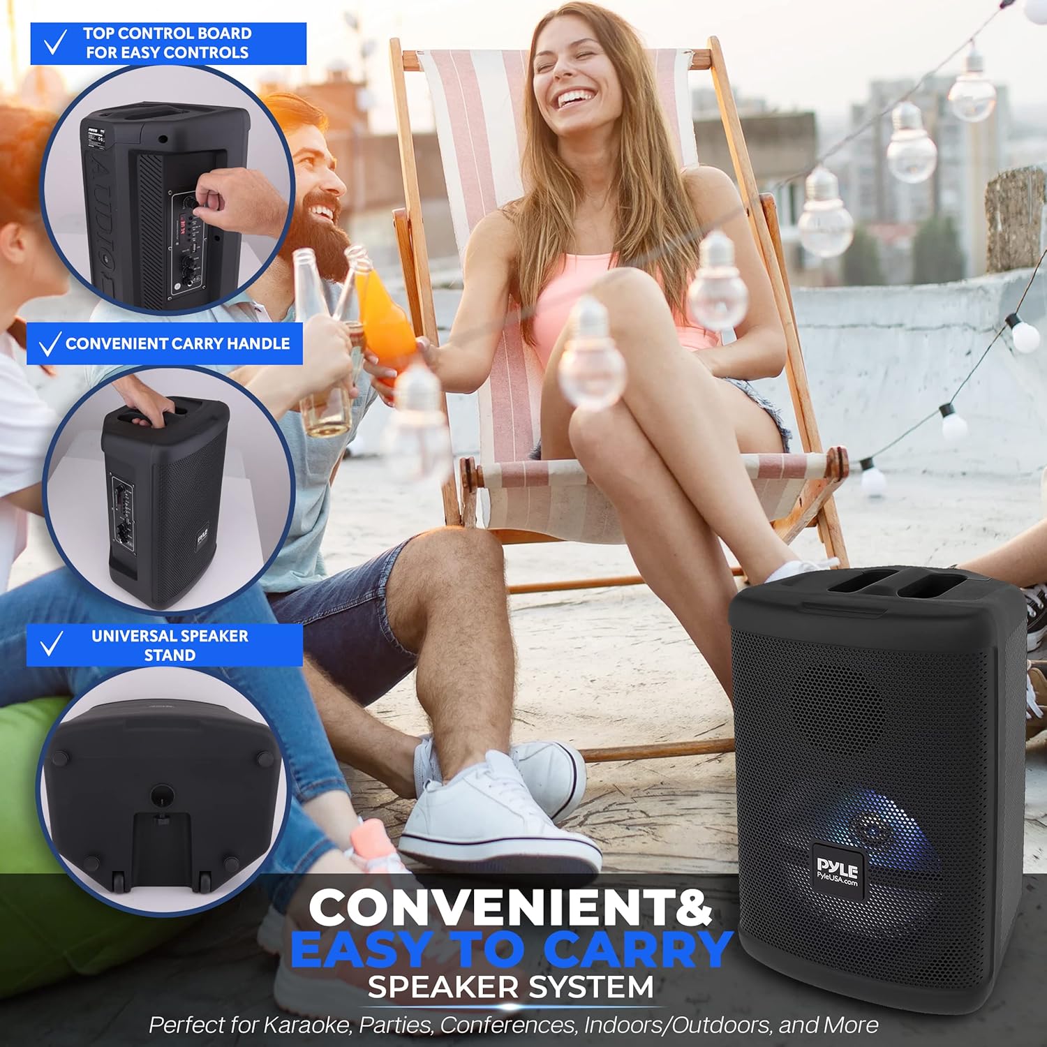 Pyle Portable Bluetooth PA Speaker - 500W 15” Rechargeable Outdoor BT Karaoke Audio System - TWS, Party Lights, LED Display, FM/AUX/MP3/USB/SD, 6.5mm in, Carry Handle - Wireless Mic, Remote Control